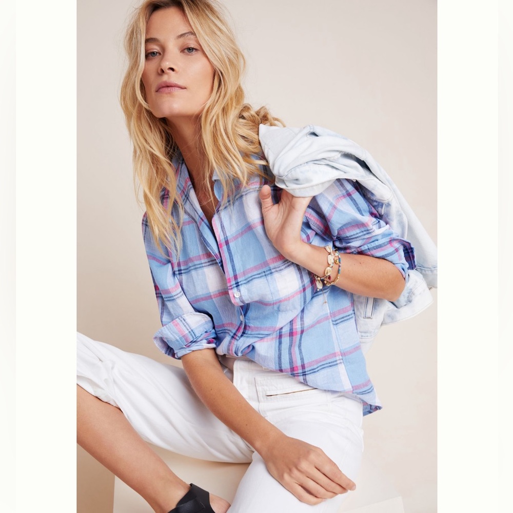Anthropologie Grayson the Hero Linen Light Summer Blue Plaid Buttondown Size XS